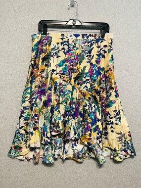 Silk Blend Floral Print A-Line Skirt gold blue pink ruffle hem flowy